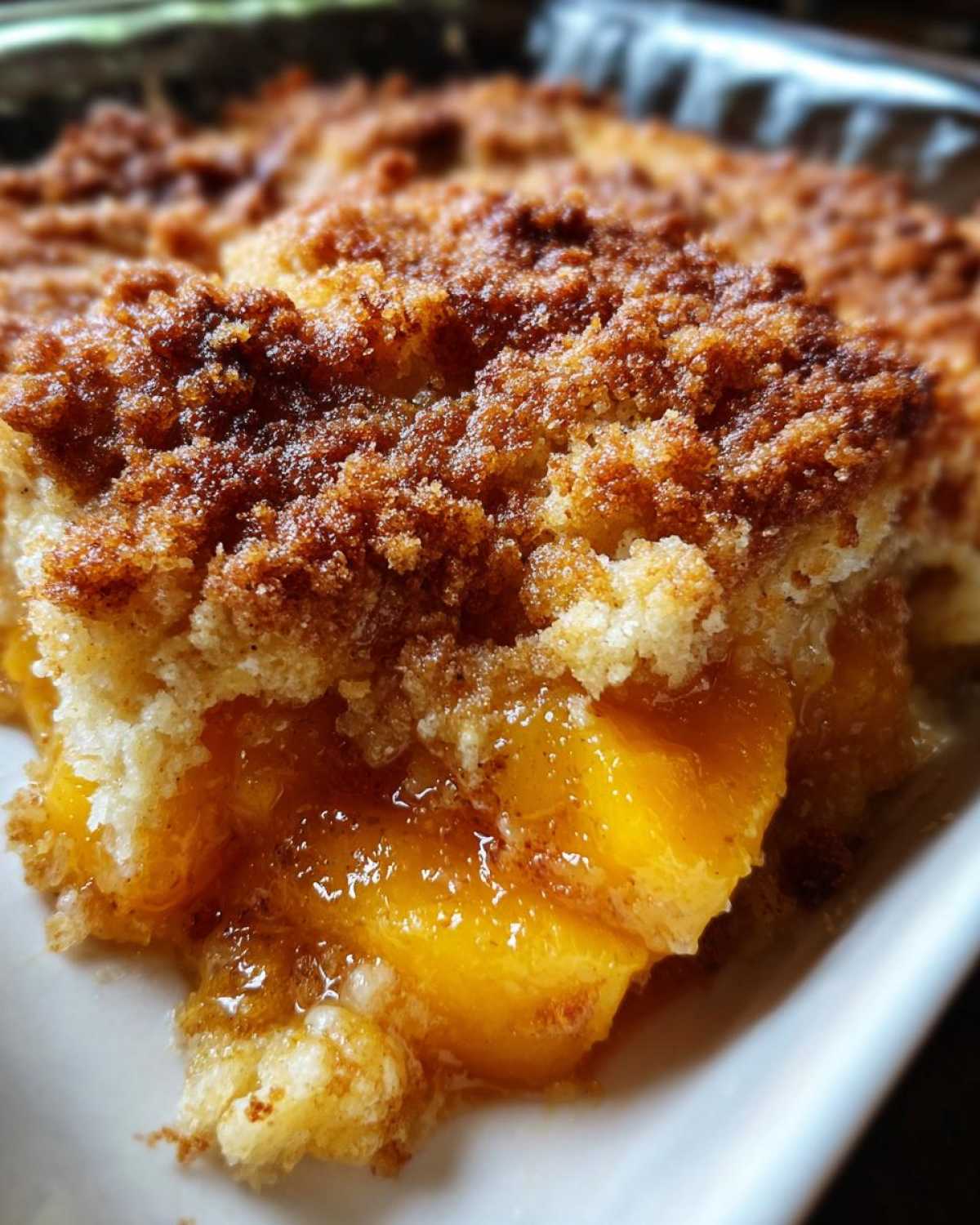 A close-up view of a serving of warm Peach Cobbler showing juicy, bright orange peaches beneath a thick, cinnamon-sugar crumb topping.