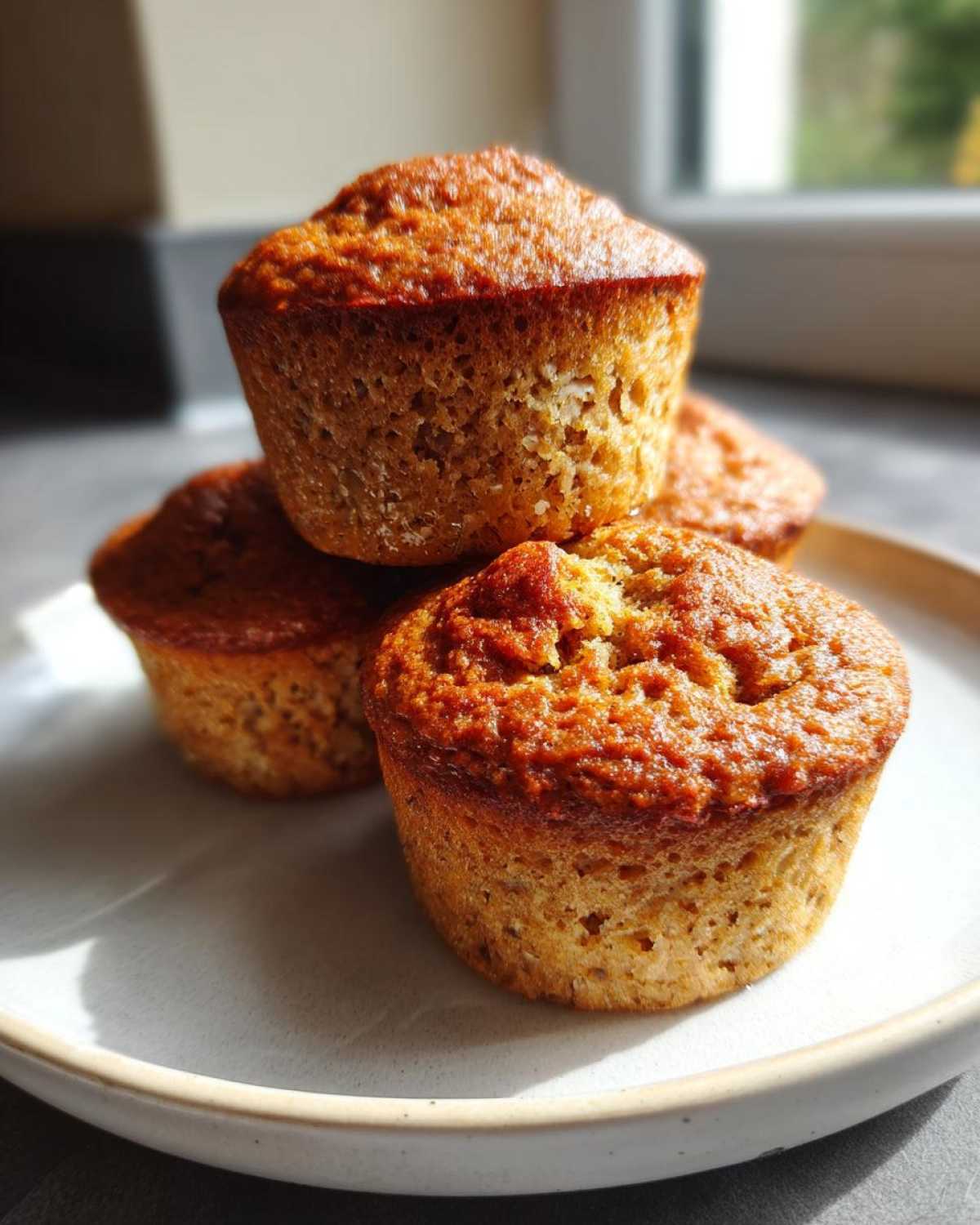 A stack of four golden brown Greek Yogurt Banana Muffins resting on a light-colored ceramic plate.