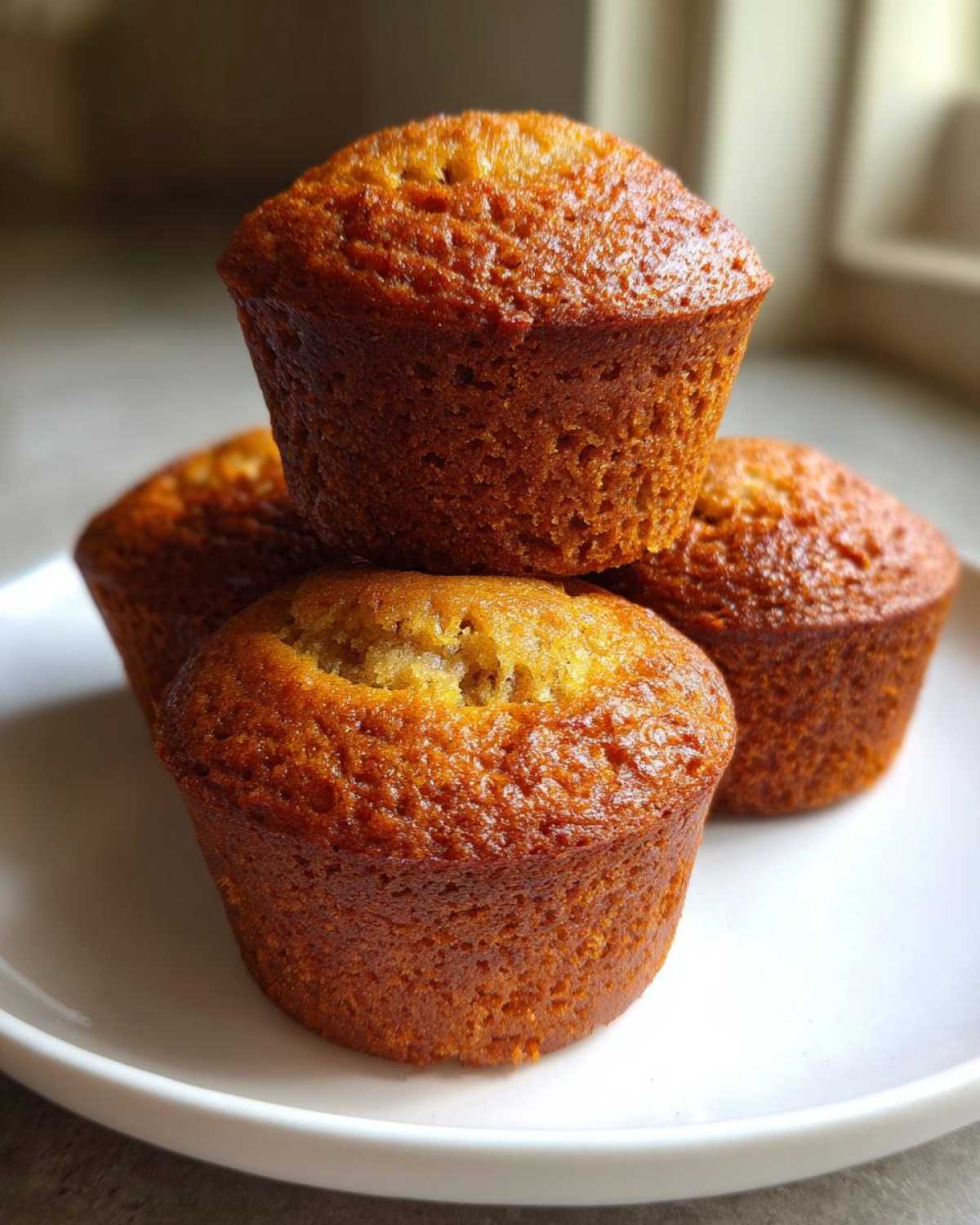 A stack of four perfectly baked, golden brown Greek Yogurt Banana Muffins resting on a white plate.