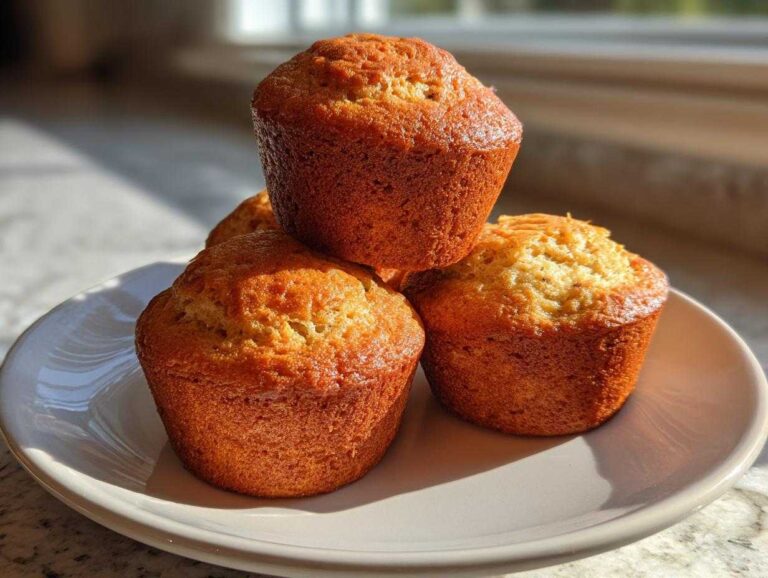 A stack of freshly baked, golden brown Greek Yogurt Banana Muffins sitting on a light-colored plate.