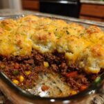 A scoop has been taken out of the Ground Beef Cobbler with Cheddar Bay Biscuits, showing the rich filling and cheesy topping.