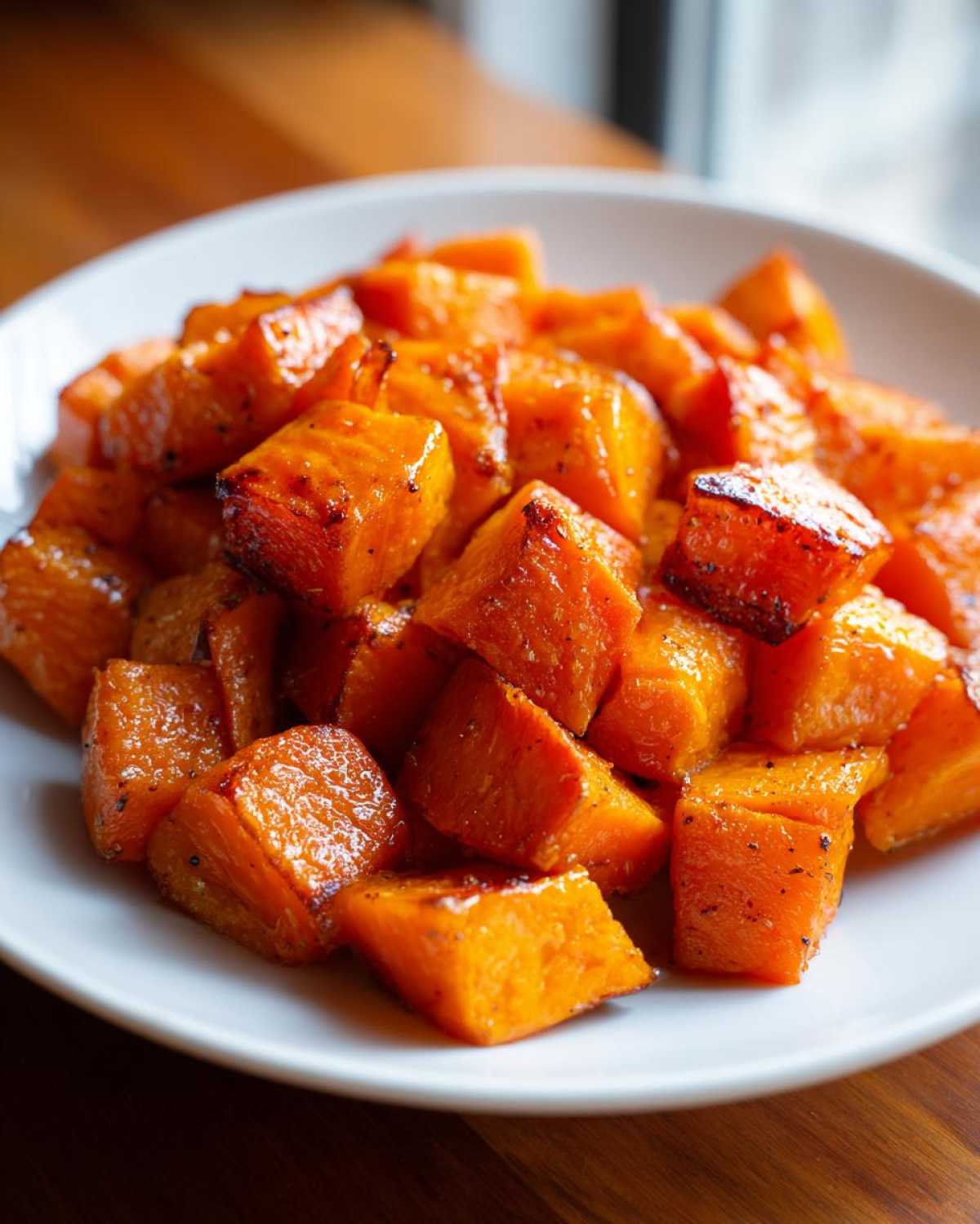 Close-up of glistening, cubed Honey Cinnamon Roasted Sweet Potatoes served on a white plate.