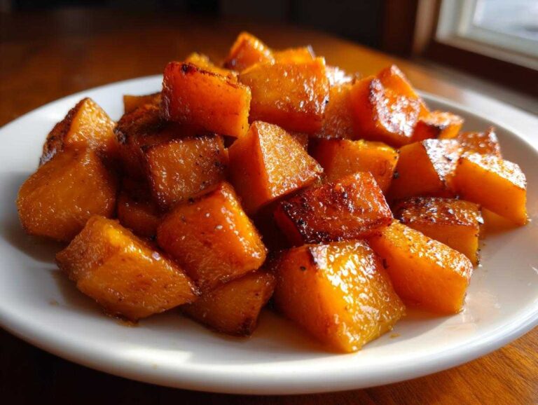 Close-up of glistening, caramelized Honey Cinnamon Roasted Sweet Potatoes cubes piled on a white plate.