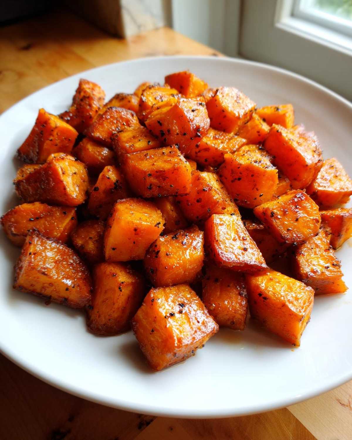 A white plate piled high with glossy, caramelized Honey Cinnamon Roasted Sweet Potatoes sprinkled with black pepper.