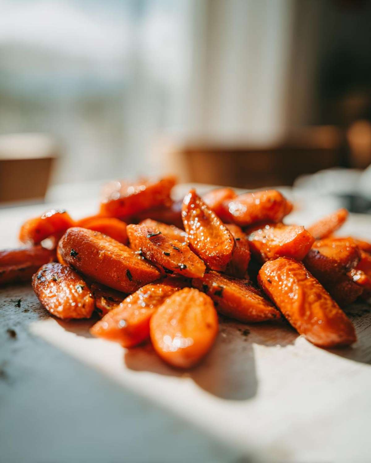 Close-up of glistening Honey Garlic Butter Roasted Carrots, perfectly glazed and seasoned.