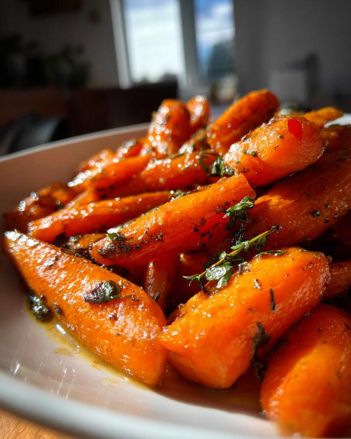 Close-up of vibrant, glazed Honey Garlic Butter Roasted Carrots garnished with fresh herbs in a white bowl.