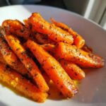 Close-up of vibrant, glazed Honey Garlic Butter Roasted Carrots seasoned with herbs, glistening on a white plate.