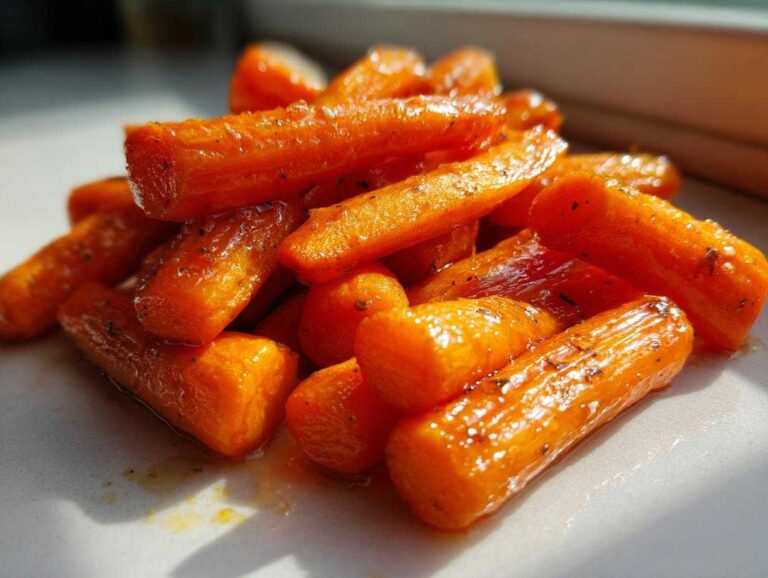 A close-up of glistening, roasted baby carrots coated in a sweet glaze, ready to serve, featuring Honey Garlic Butter Roasted Carrots.