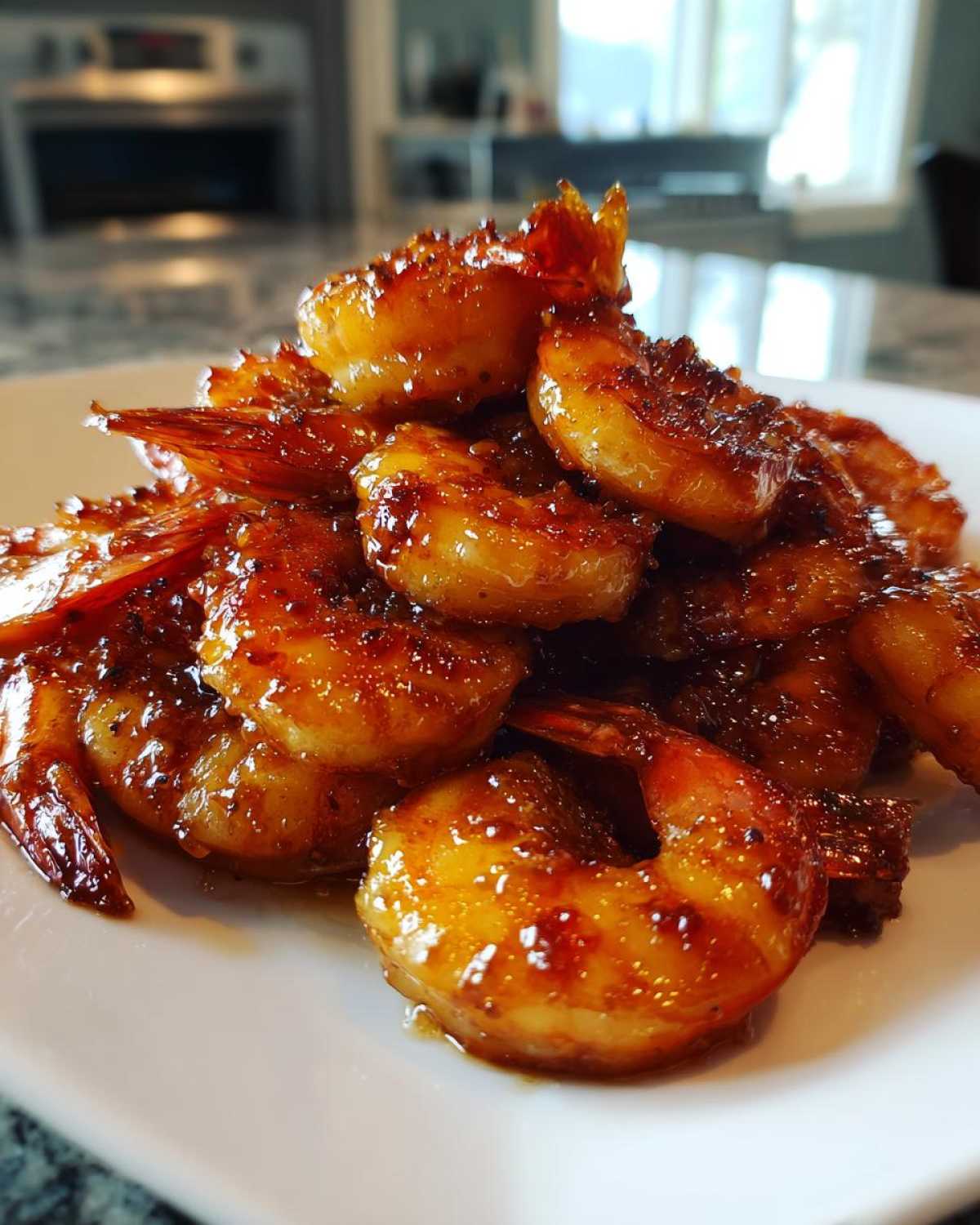 Close-up of a mound of glistening Honey Garlic Shrimp coated in a thick, savory glaze.