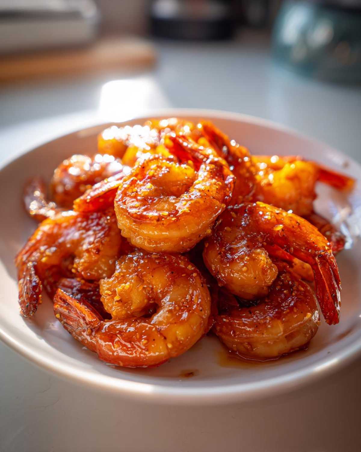 A close-up of plump, glazed Honey Garlic Shrimp piled high on a white serving dish.