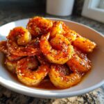 A close-up shot of perfectly cooked Honey Garlic Shrimp coated in a glossy, spicy glaze and sprinkled with sesame seeds.
