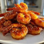 A close-up of a pile of glistening, glazed Honey Garlic Shrimp sprinkled with sesame seeds on a white plate.
