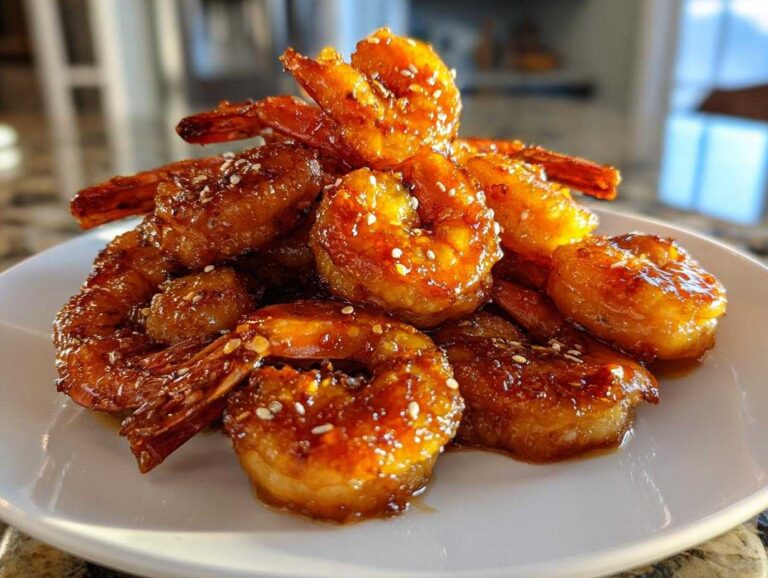 A close-up of a pile of glistening, glazed Honey Garlic Shrimp sprinkled with sesame seeds on a white plate.