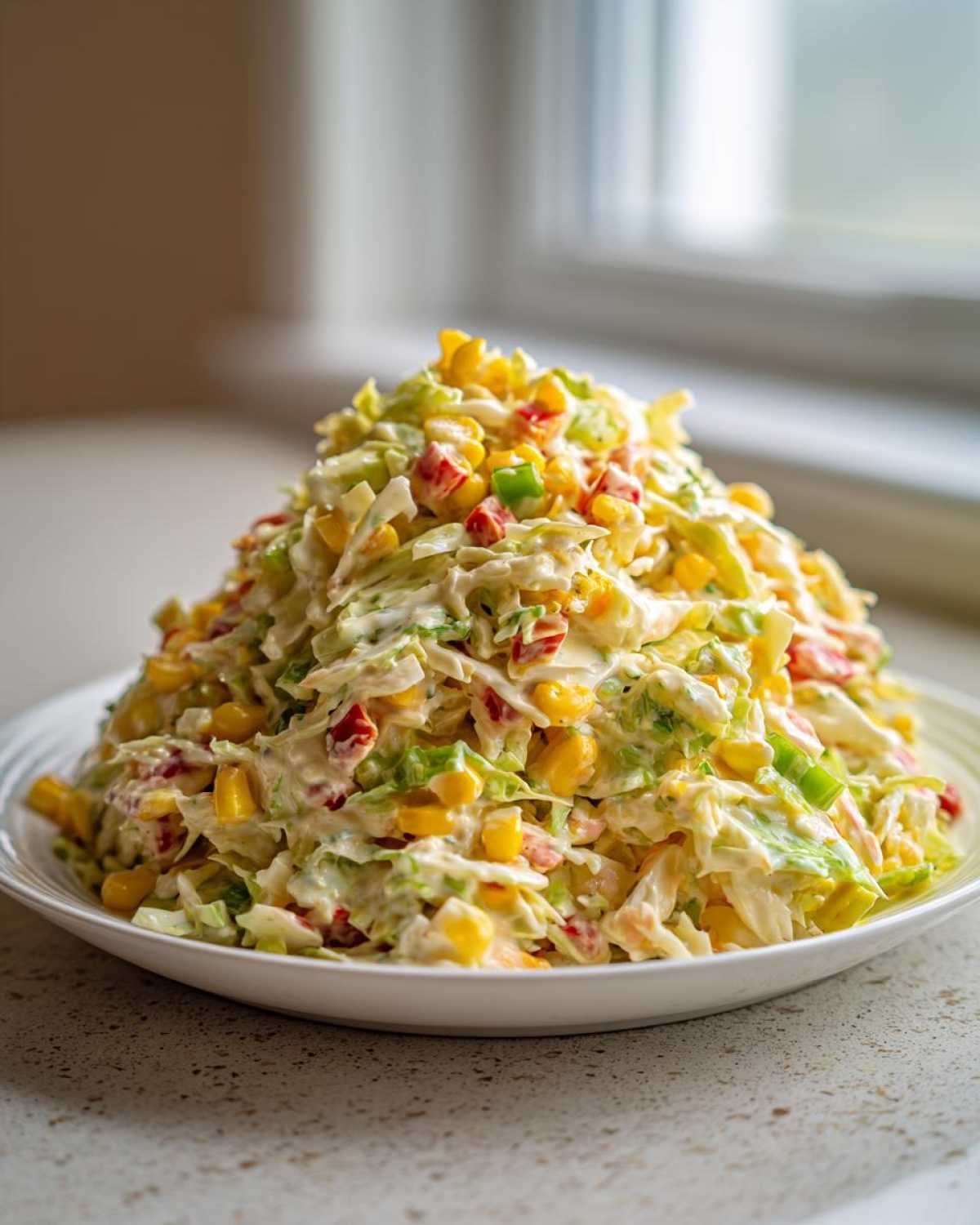 A large mound of creamy Jalapeno Corn Coleslaw, featuring shredded cabbage, yellow corn, and diced red and green peppers.