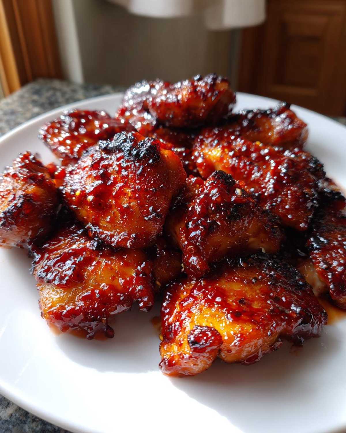 Close-up of sticky, caramelized Korean BBQ Chicken pieces glistening with a dark red glaze on a white plate.