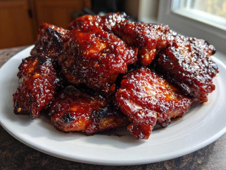 A pile of sticky, glazed Korean BBQ Chicken wings glistening with sauce on a white plate.