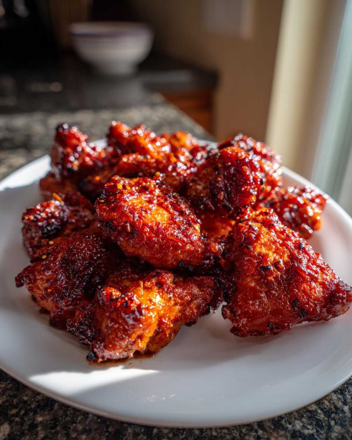 Close-up of sticky, glazed Korean BBQ Chicken wings piled high on a white plate.