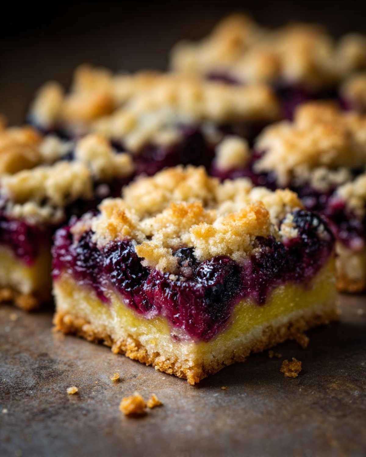 A close-up of a square Lemon Blueberry Streusel Bars showing the bright yellow lemon layer, deep purple blueberry filling, and golden streusel topping.