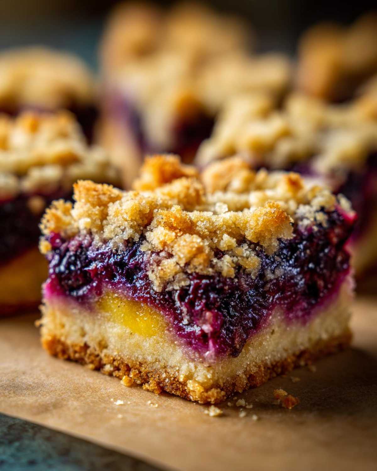 A close-up, macro shot of a single serving of Lemon Blueberry Streusel Bars showing the thick blueberry layer and golden crumble topping.