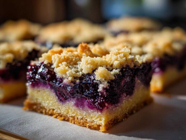 A close-up, macro shot of a thick slice of Lemon Blueberry Streusel Bars showing the buttery crust, dense blueberry filling, and crumb topping.