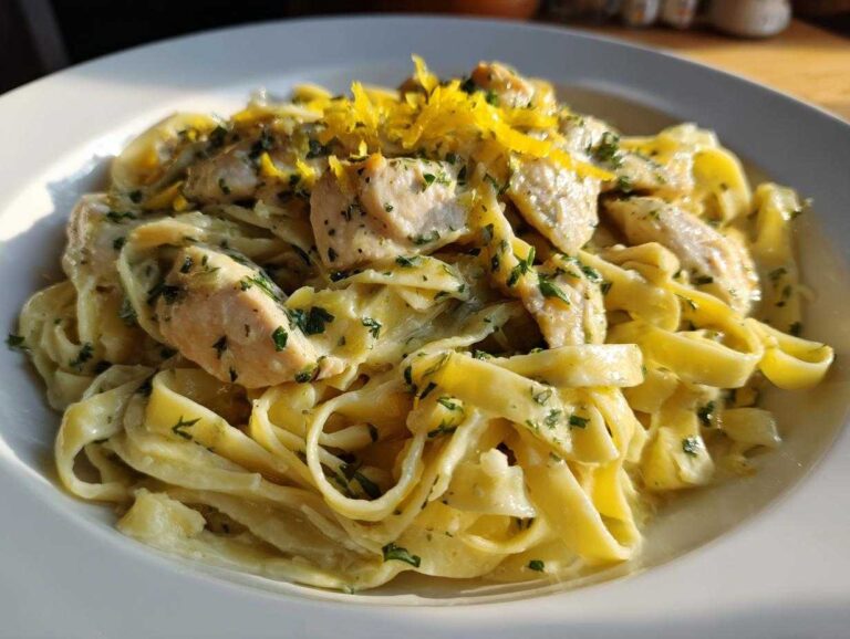 A close-up of creamy Lemon Chicken Pasta featuring fettuccine, sliced chicken, and bright yellow lemon zest.