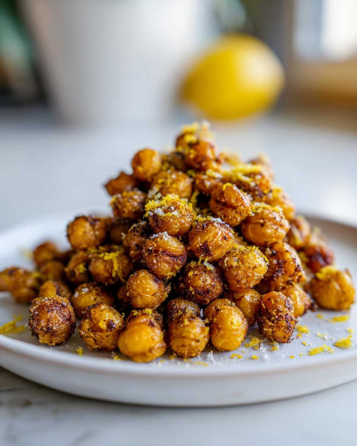 A close-up of crispy Lemon Parmesan Roasted Chickpeas piled high on a white plate, topped with bright yellow lemon zest.