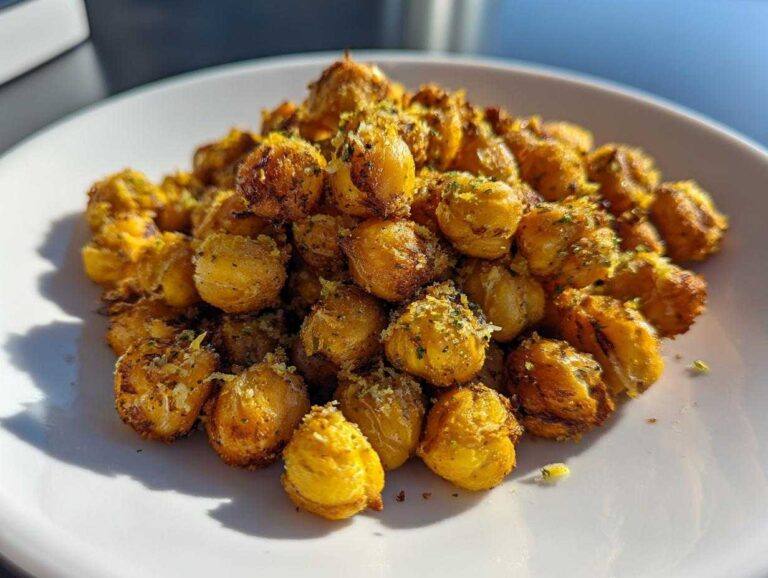 A close-up of crispy, golden Lemon Parmesan Roasted Chickpeas piled high on a white plate.