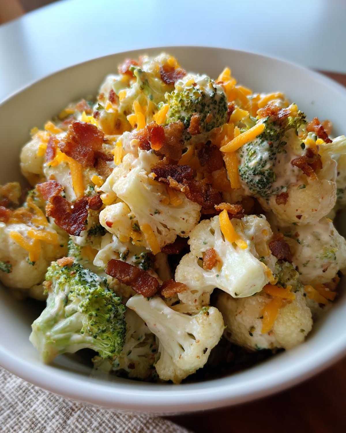 Close-up of a bowl of Loaded Broccoli Cauliflower Salad Low Carb, topped with bacon bits and shredded cheddar cheese.