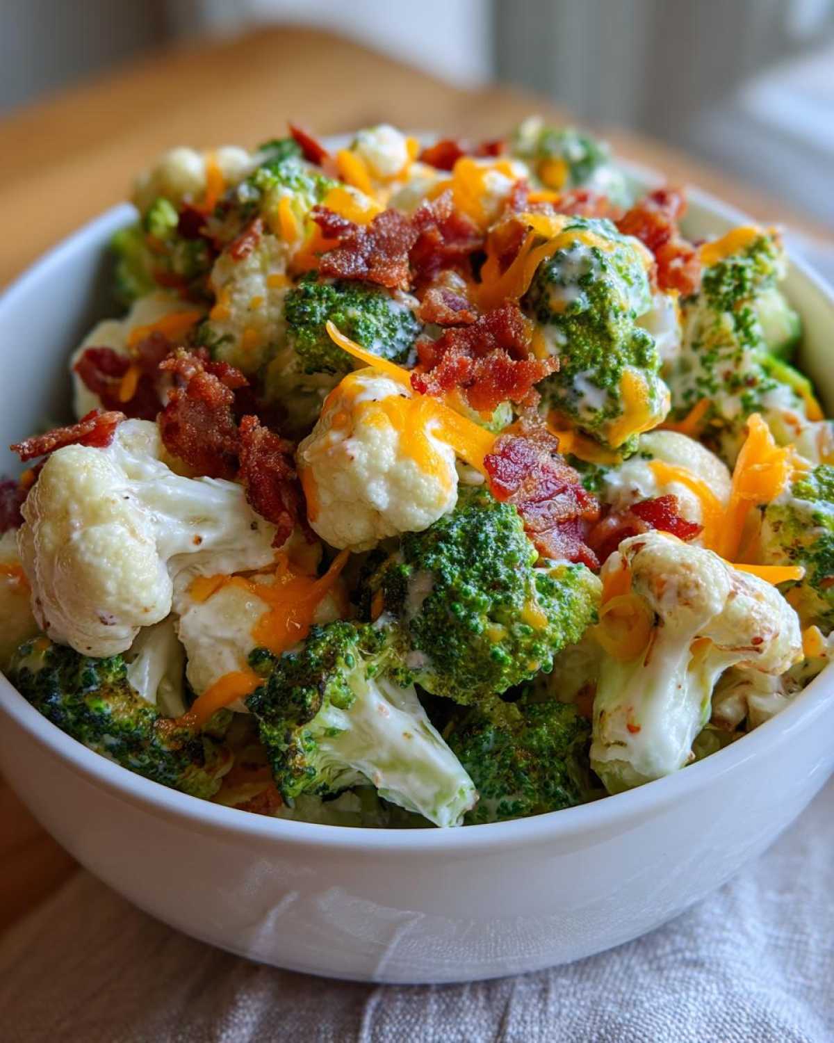 Close-up of a white bowl filled with Loaded Broccoli Cauliflower Salad Low Carb, topped with bacon bits and shredded cheddar cheese.