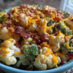 A close-up of Loaded Broccoli Cauliflower Salad Low Carb Incredible, topped with melted cheddar, bacon, and breadcrumbs.