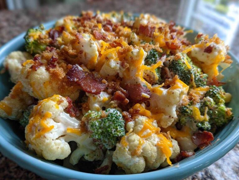 A close-up of Loaded Broccoli Cauliflower Salad Low Carb Incredible, topped with melted cheddar, bacon, and breadcrumbs.