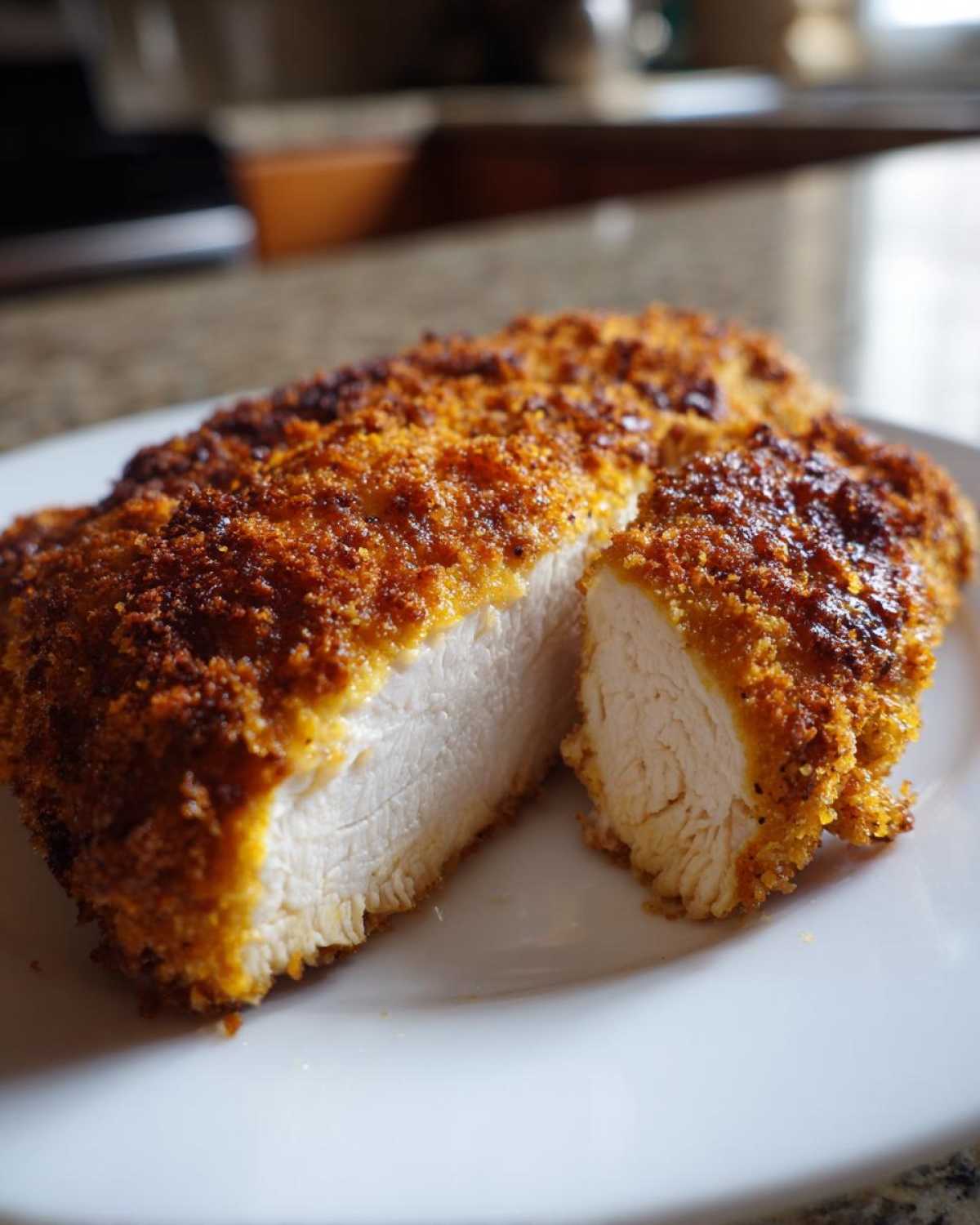 Close-up of a juicy, breaded chicken breast, cut open to show the white meat, resembling Longhorn Steakhouse Parmesan Chicken.