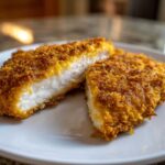 Close-up of Longhorn Steakhouse Parmesan Chicken cut in half showing juicy white meat and crispy golden breading.