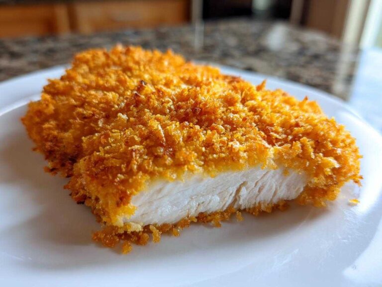 A close-up view of a perfectly cooked Longhorn Steakhouse Parmesan Chicken, showing the juicy white interior and crispy golden breading.