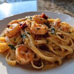 Close-up of creamy Marry Me Shrimp Pasta featuring large shrimp and sun-dried tomatoes on a white plate.