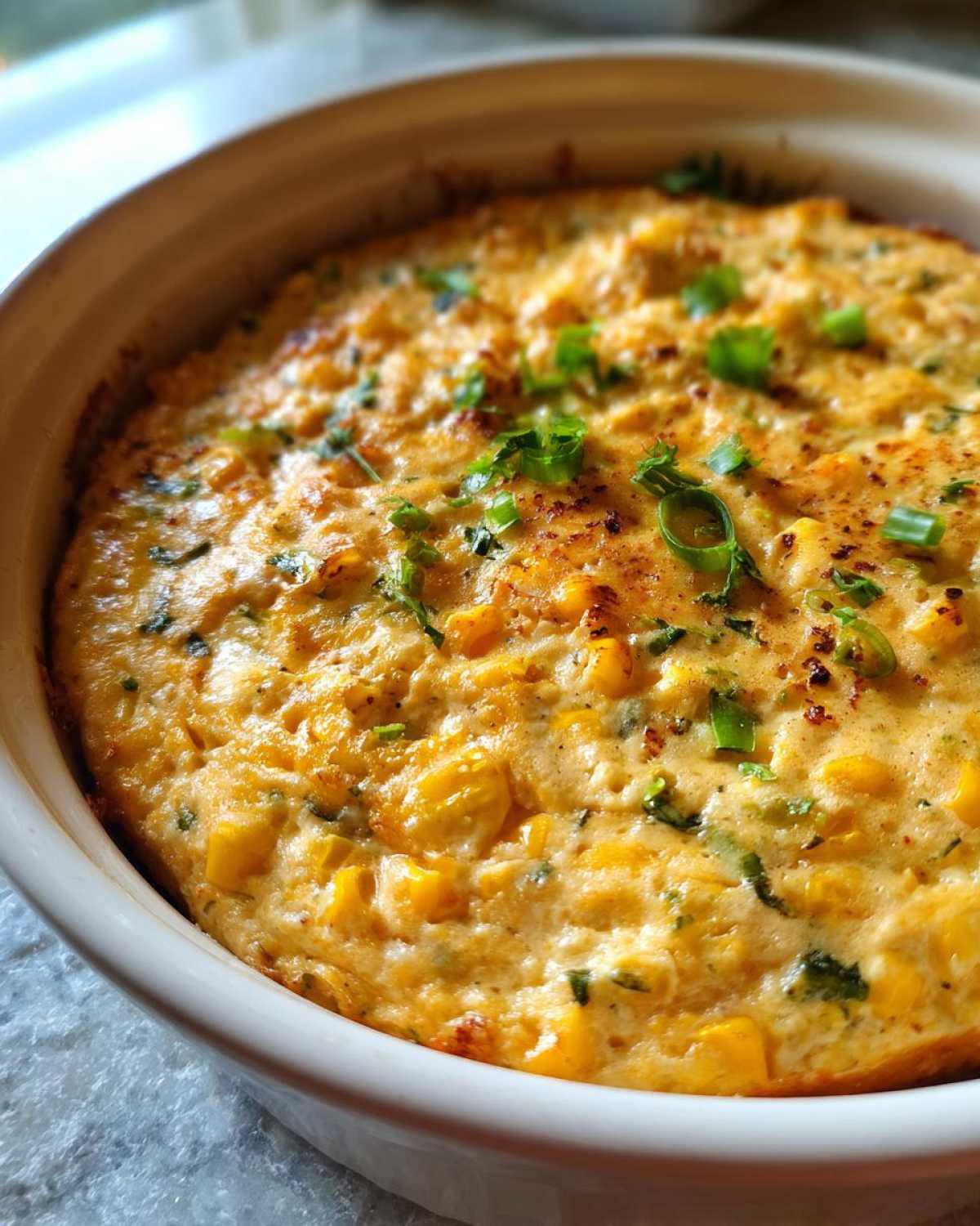 Close-up of a creamy, baked Mexican Street Corn Dip Crock Pot recipe topped with fresh green onions.