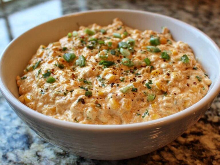 A white bowl filled with creamy Mexican Street Corn Dip Crock Pot mixture, topped with green onions.