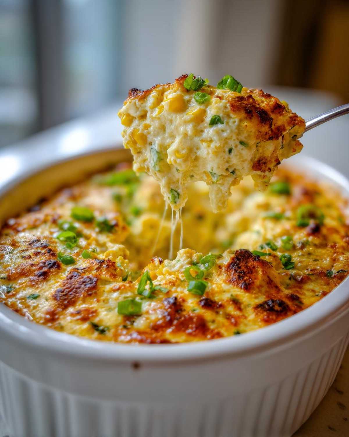 A spoonful of cheesy, bubbly Mexican Street Corn Dip Crock Pot being lifted from a white baking dish, topped with green onions.