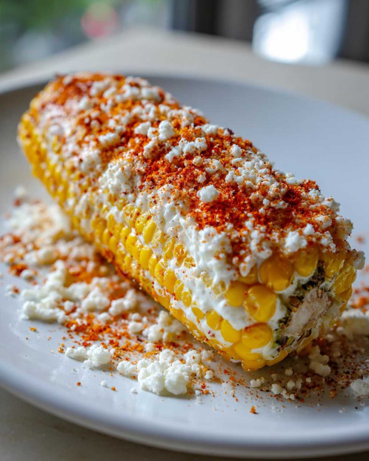 A close-up, appetizing shot of Mexican Street Corn on the Cob covered in white cheese and red chili powder.