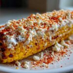 A close-up of grilled Mexican Street Corn on the Cob generously topped with white cheese and chili powder.
