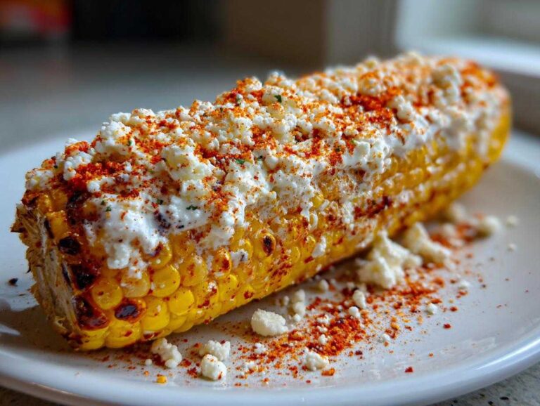 A close-up of grilled Mexican Street Corn on the Cob generously topped with white cheese and chili powder.