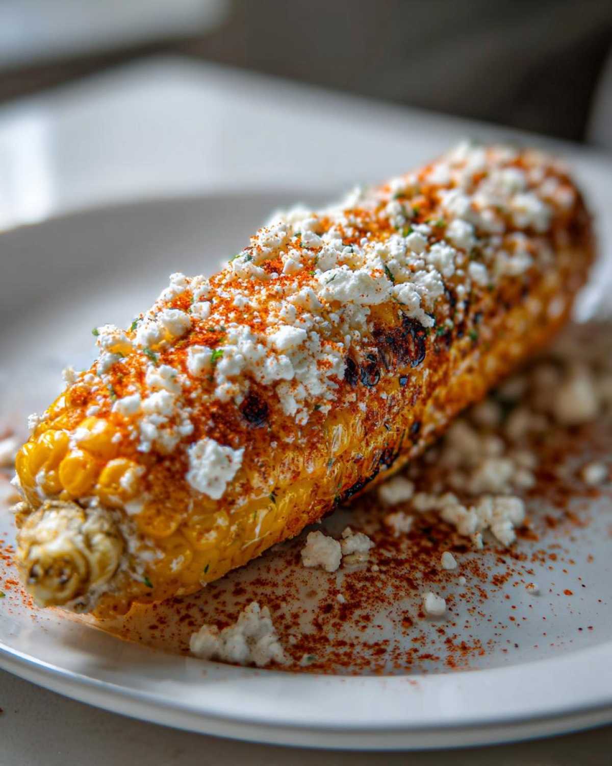 Close-up of grilled Mexican Street Corn on the Cob topped generously with cotija cheese and chili powder.