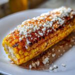 A close-up of grilled Mexican Street Corn on the Cob topped generously with cotija cheese and chili powder.