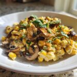 Close-up of Mexican Street Corn Salad MushroomSalus featuring corn, creamy sauce, sautéed mushrooms, and cilantro garnish.