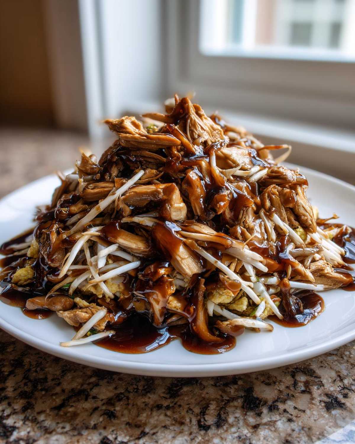 A mound of Moo Shu Chicken Authentic Chinese Stir Fry Dinner featuring shredded chicken, bean sprouts, and dark sauce on a white plate.