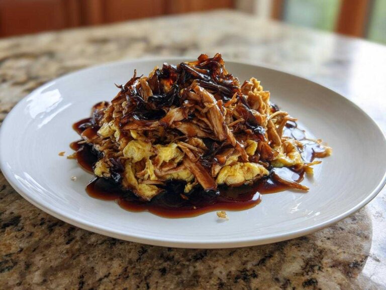 A serving of Moo Shu Chicken Authentic Chinese Stir Fry Dinner featuring shredded chicken and egg topped with dark sauce.