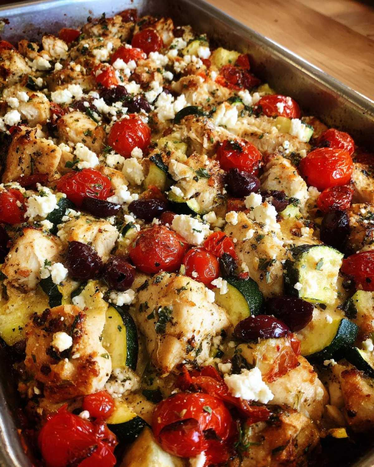 Close-up of a One-Pan Mediterranean Chicken Zucchini Bake with roasted tomatoes, feta, and olives in a baking tray.