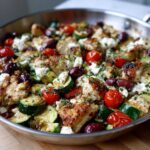 Close-up of One-Pan Mediterranean Chicken Zucchini Bake with feta, olives, and tomatoes in a stainless steel skillet.