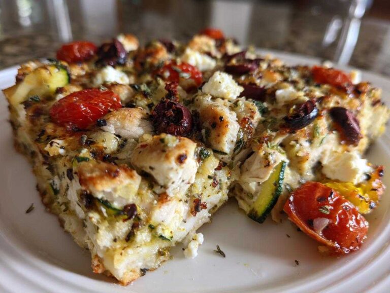 A close-up slice of One-Pan Mediterranean Chicken Zucchini Bake featuring chicken, zucchini, feta, olives, and roasted tomatoes.