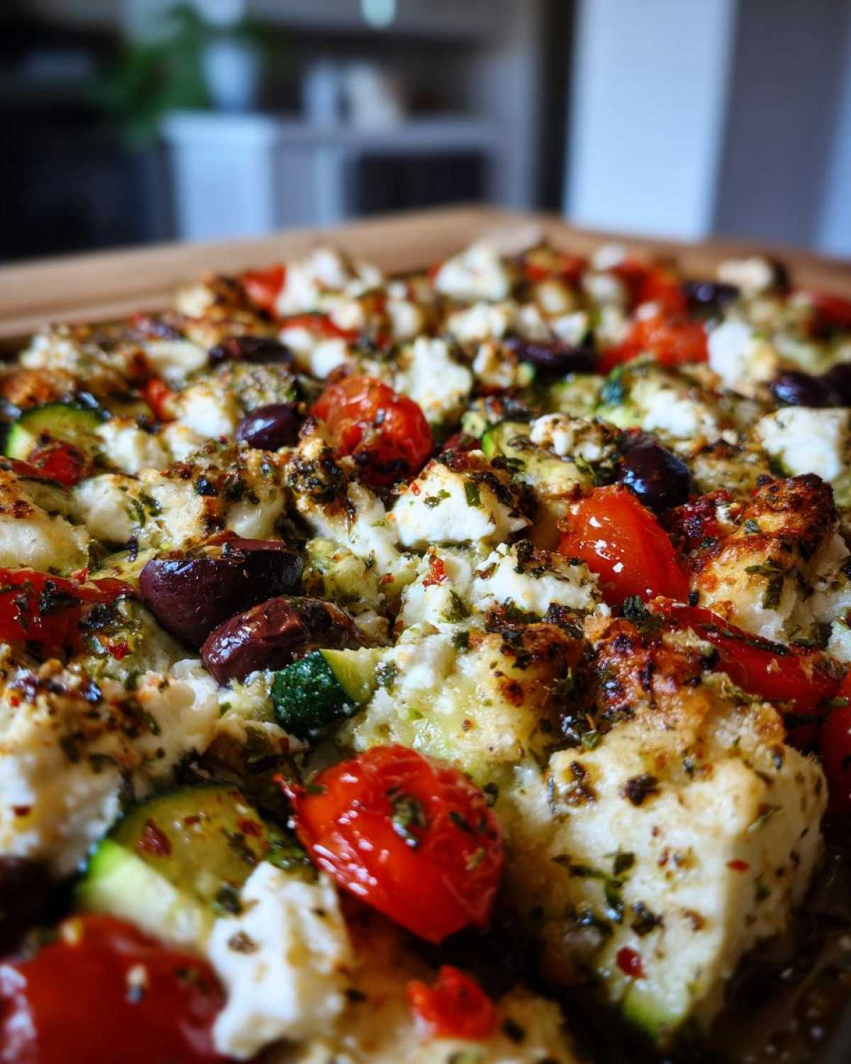 Close-up of baked chicken and zucchini topped with feta, tomatoes, and olives for One-Pan Mediterranean Chicken Zucchini Bake.